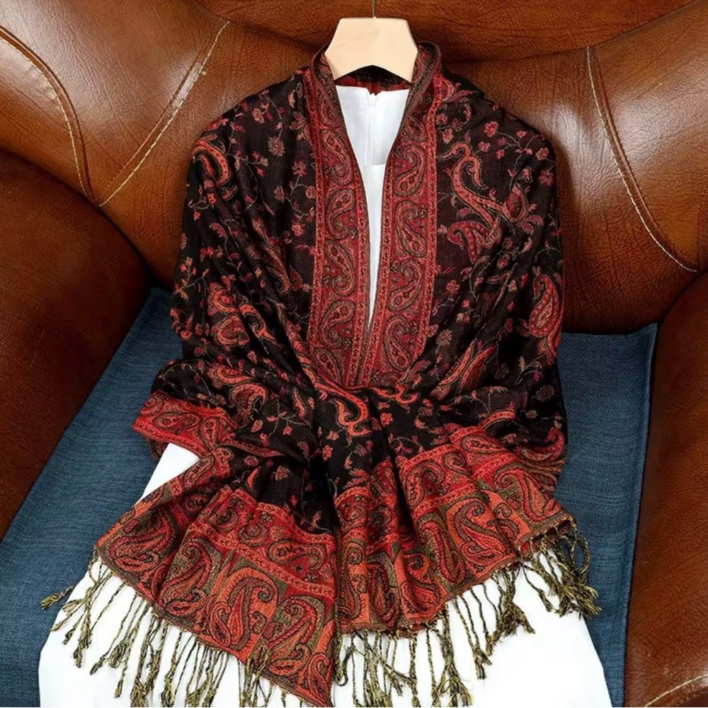 Pashmina Dark Red and Black Paisley Wrap